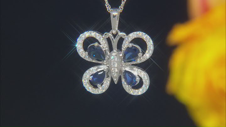 Blue Lab Sapphire & White Cubic Zirconia Rhodium Over Sterling Silver Butterfly Pendant 3.80ctw Video Thumbnail