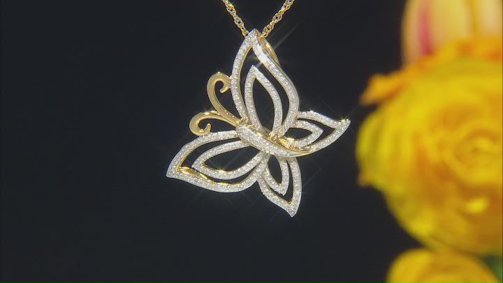 White Diamond 14k Yellow Gold Over Sterling Silver Butterfly Pendant With Chain 0.70ctw Video Thumbnail