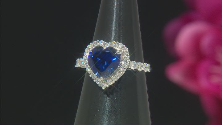Lab Created Sapphire & White Cubic Zirconia Rhodium Over Sterling Silver Halo Ring 5.60ctw Video Thumbnail