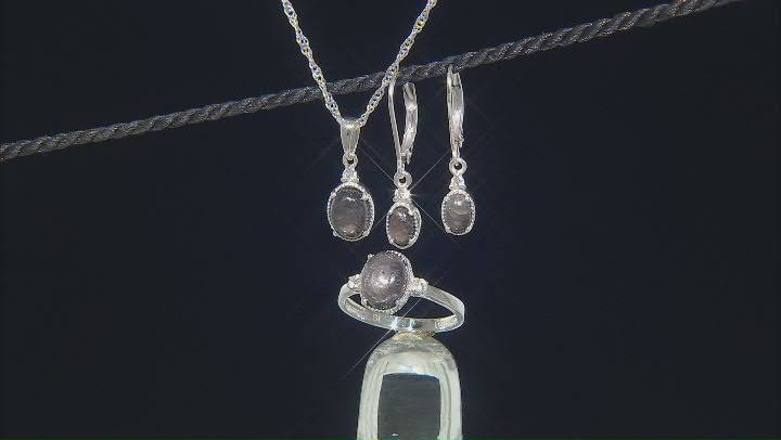 Silver Sheen Sapphire with Lab White Sapphire Rhodium Over Sterling Silver Jewelry Set 5.13ctw Video Thumbnail