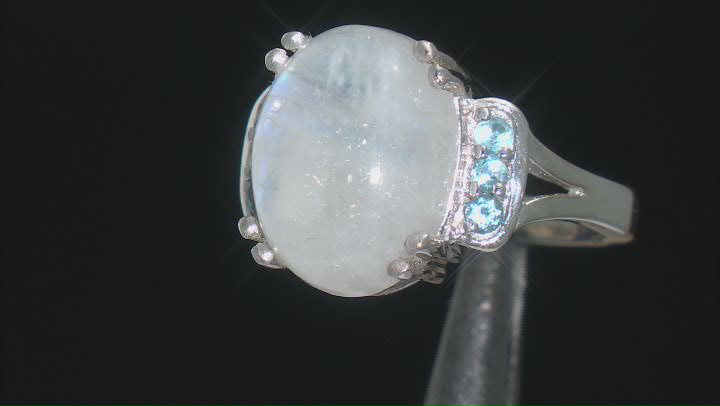 Rainbow Moonstone With Swiss Blue Topaz Rhodium Over Sterling Silver Ring .21ctw Video Thumbnail