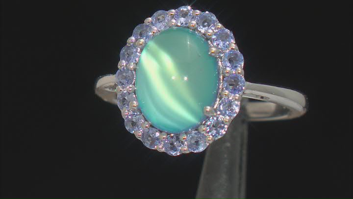 Aurora Moonstone With Tanzanite Rhodium Over Sterling Silver Halo Ring .57ctw Video Thumbnail
