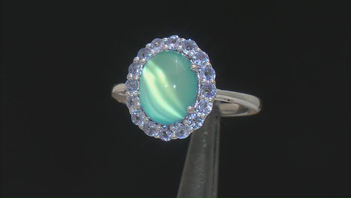 Aurora Moonstone With Tanzanite Rhodium Over Sterling Silver Halo Ring .57ctw Video Thumbnail