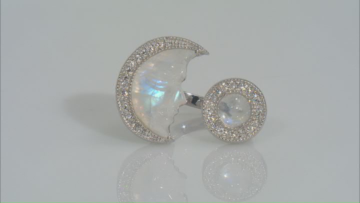 Rainbow Moonstone Rhodium Over Sterling Silver Moon Cuff Ring .41ctw Video Thumbnail