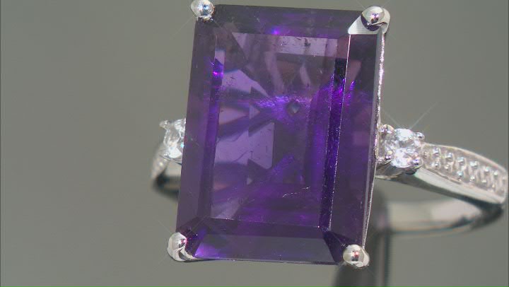 Purple African Amethyst with White Zircon Rhodium Over Sterling Silver Ring 10.10ctw Video Thumbnail