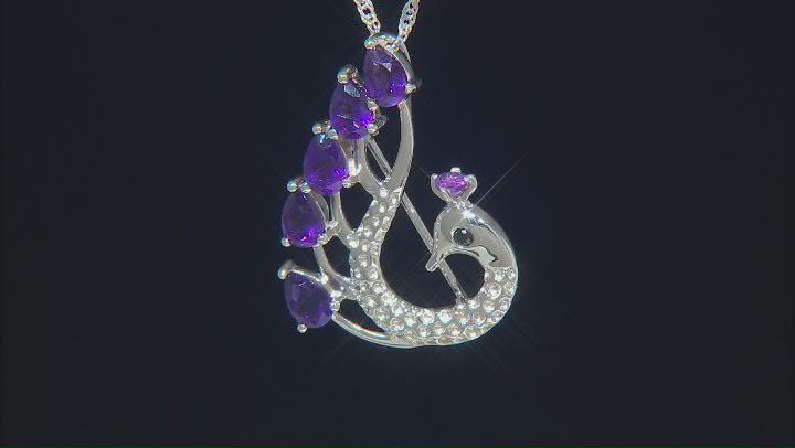 African Amethyst & Black Spinel Rhodium Over Silver Peacock Brooch Pendant With Chain 2.40ctw Video Thumbnail