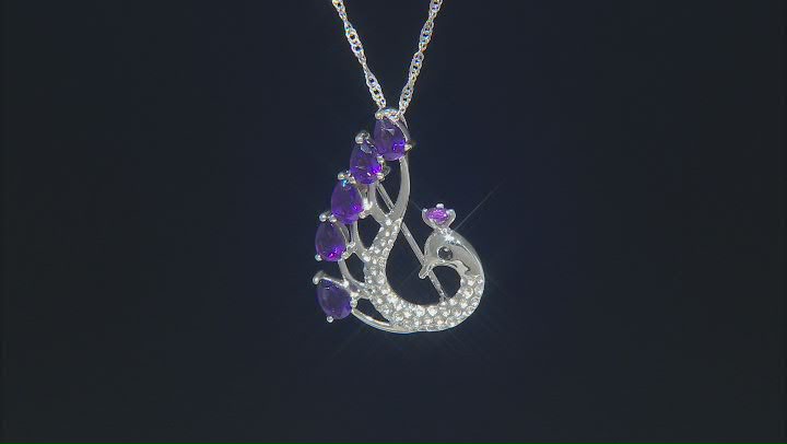 African Amethyst & Black Spinel Rhodium Over Silver Peacock Brooch Pendant With Chain 2.40ctw Video Thumbnail
