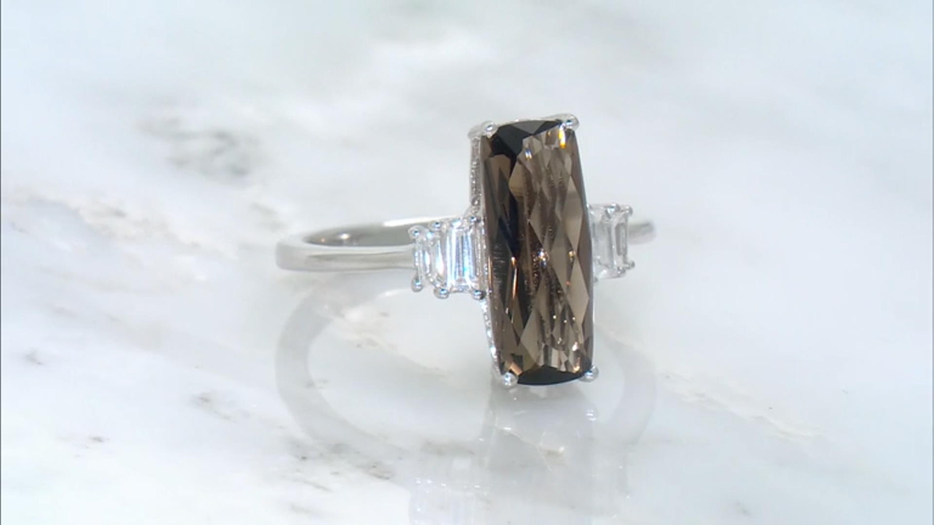 Brown Smoky Quartz With White Zircon Rhodium Over Sterling Silver Ring 3.33ctw Video Thumbnail