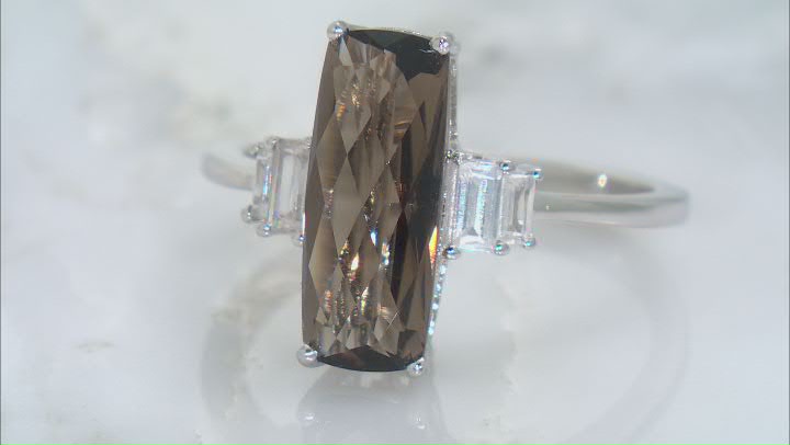 Brown Smoky Quartz With White Zircon Rhodium Over Sterling Silver Ring 3.33ctw Video Thumbnail