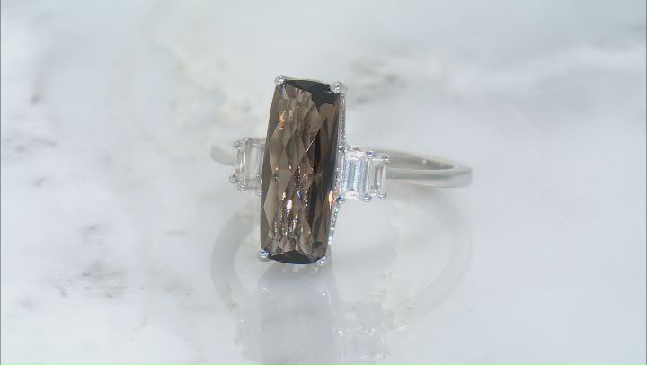 Brown Smoky Quartz With White Zircon Rhodium Over Sterling Silver Ring 3.33ctw Video Thumbnail