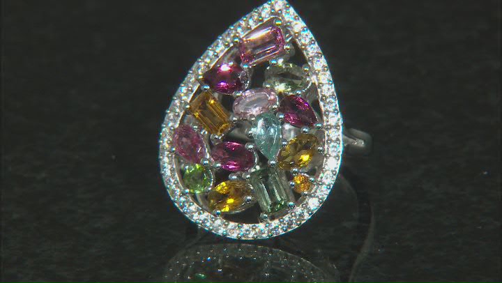 Multi-Tourmaline With White Zircon Rhodium Over Sterling Silver Ring 3.14ctw Video Thumbnail