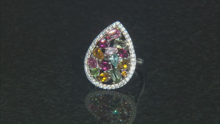 Multi-Tourmaline With White Zircon Rhodium Over Sterling Silver Ring 3.14ctw Video Thumbnail