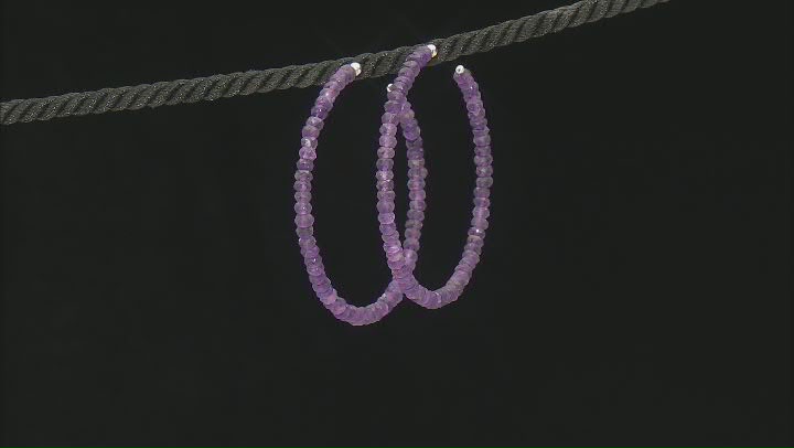 Purple African Amethyst Rhodium Over Sterling Silver Beaded Hoop Earrings Video Thumbnail