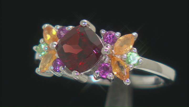 Red Garnet With Multi-Gemstone Rhodium Over Sterling Silver Ring 1.67ctw Video Thumbnail