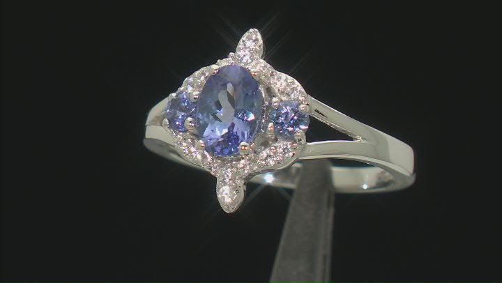Blue Tanzanite With White Zircon Rhodium Over Sterling Silver Ring 1.06ctw Video Thumbnail