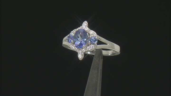 Blue Tanzanite With White Zircon Rhodium Over Sterling Silver Ring 1.06ctw Video Thumbnail