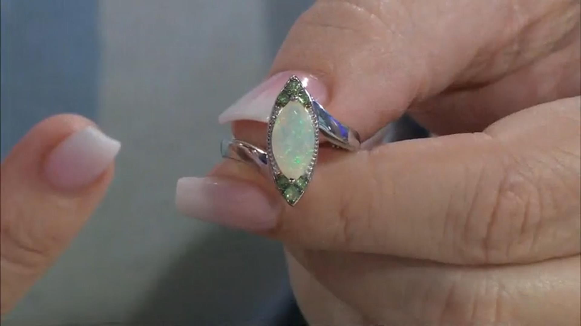 Ethiopian Opal With Tsavorite Rhodium Over Sterling Silver Ring .94ctw Video Thumbnail