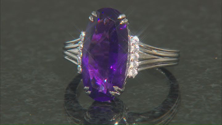 Purple African Amethyst With White Zircon Rhodium Over Sterling Silver Ring 6.47ctw Video Thumbnail