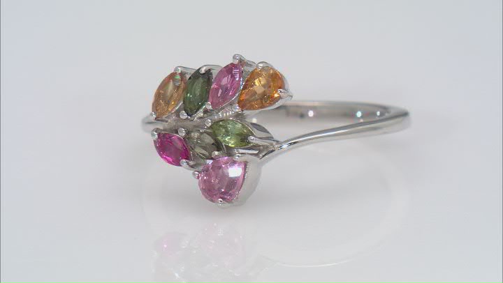 Multi-Tourmaline Rhodium Over Sterling Silver Bypass Ring .75ctw Video Thumbnail