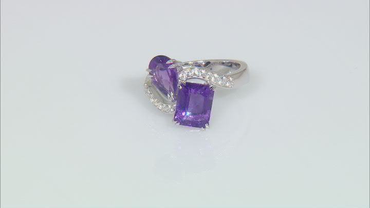 Purple African Amethyst With White Zircon Rhodium Over Sterling Silver Bypass Ring 3.25ctw Video Thumbnail