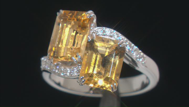 Yellow Citrine With White Zircon Rhodium Over Sterling Silver Bypass Ring 3.60ctw Video Thumbnail