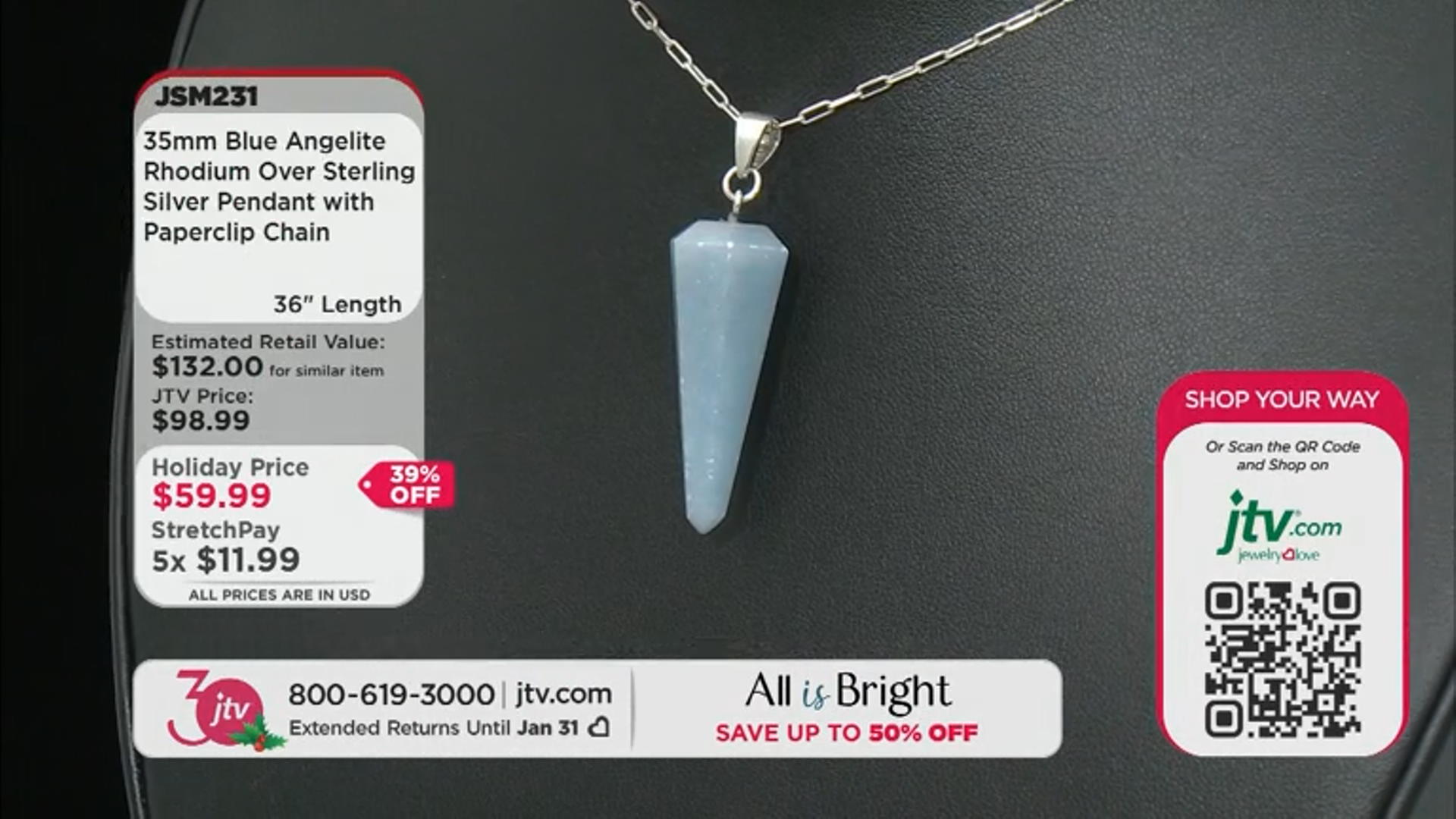 Blue Angelite Rhodium Over Sterling Silver Pendant With Paperclip Chain Video Thumbnail