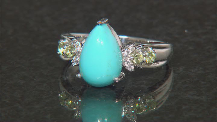 Sleeping Beauty Turquoise, Peridot & White Zircon Rhodium Over Silver Ring .19ctw Video Thumbnail