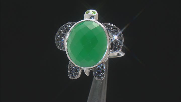 Green Onyx, Chrome Diopside & Black Spinel Rhodium Over Sterling Silver Turtle Ring .54ctw Video Thumbnail