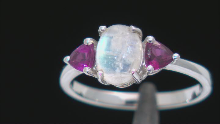 White Rainbow Moonstone With Raspberry Color Rhodolite Rhodium Over Sterling Silver Ring .37ctw Video Thumbnail