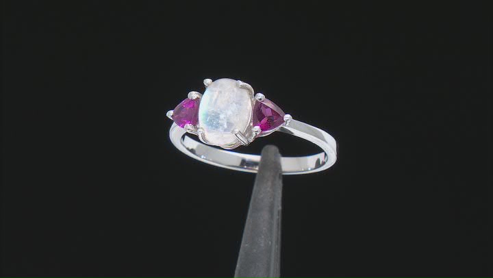 White Rainbow Moonstone With Raspberry Color Rhodolite Rhodium Over Sterling Silver Ring .37ctw Video Thumbnail