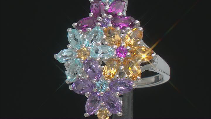 Multi-Gemstone Rhodium Over Sterling Silver Flower Ring 4.79ctw Video Thumbnail