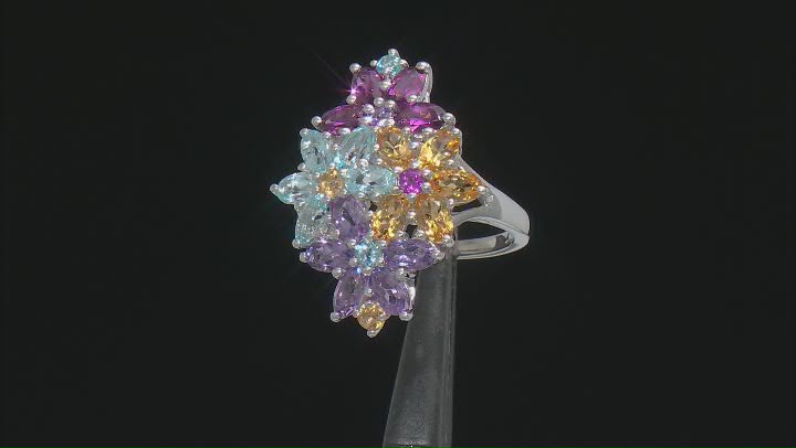 Multi-Gemstone Rhodium Over Sterling Silver Flower Ring 4.79ctw Video Thumbnail