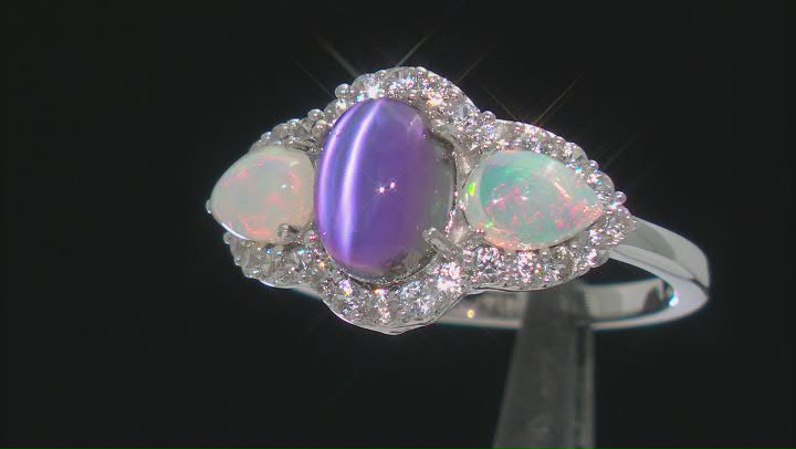 Violet Aurora Moonstone Rhodium Over Sterling Silver Ring 0.77ctw Video Thumbnail
