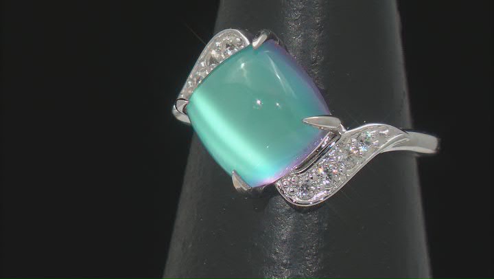 Blue Aurora Moonstone with White Zircon Rhodium Over Sterling Silver Ring 0.24ctw Video Thumbnail