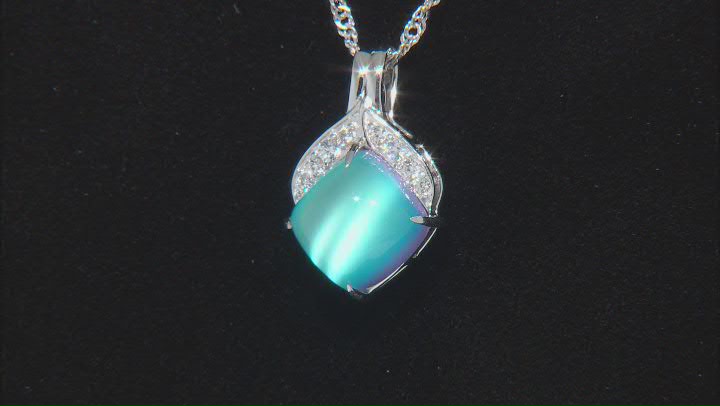 Blue Aurora Moonstone with White Zircon Rhodium Over Sterling Silver Pendant with Chain 0.24ctw Video Thumbnail