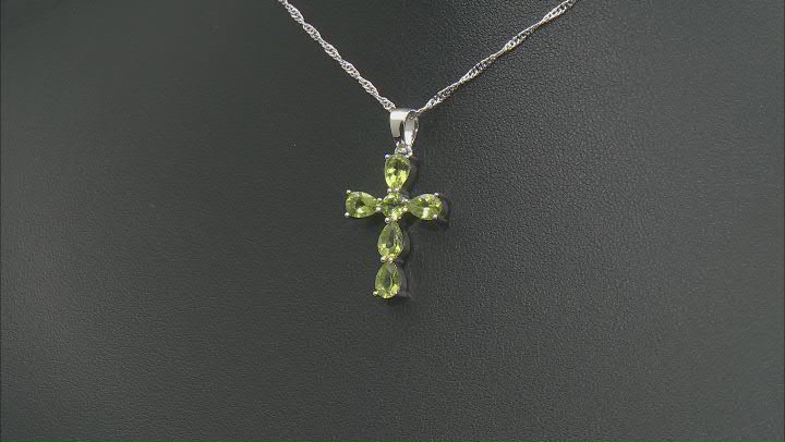 Green Peridot Rhodium Over Sterling Silver Cross Pendant With Chain 2.25ctw Video Thumbnail