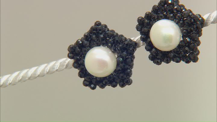 Black Spinel With Cultured Freshwater Pearl Rhodium Over Sterling Silver Star Earrings Video Thumbnail