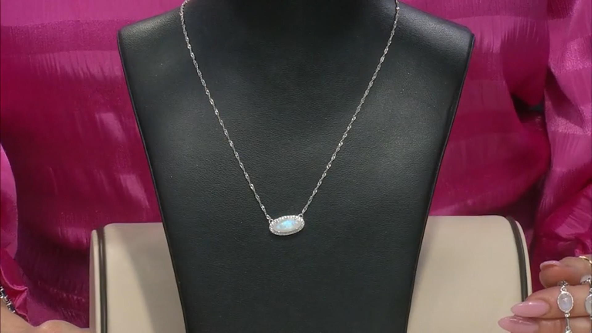 White Rainbow Moonstone Rhodium Over Sterling Silver Necklace 0.40ctw Video Thumbnail