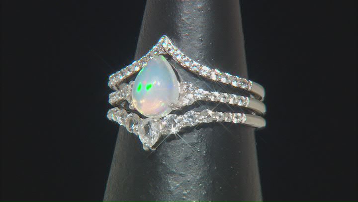 Ethiopian Opal Rhodium Over Sterling Silver Set of 3 Stackable Rings Video Thumbnail