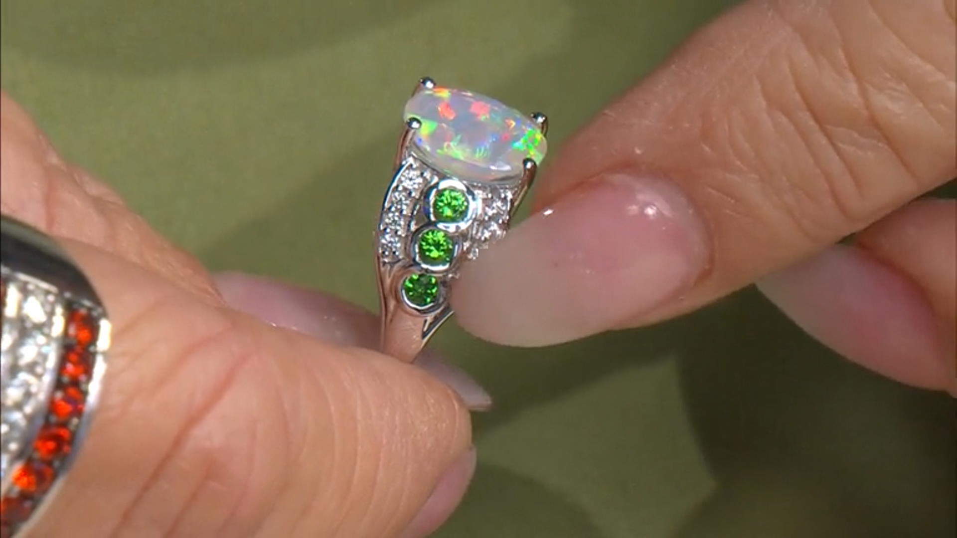 Ethiopian Opal With Tsavorite & White Zircon Rhodium Over Sterling Silver Ring 1.84ctw Video Thumbnail