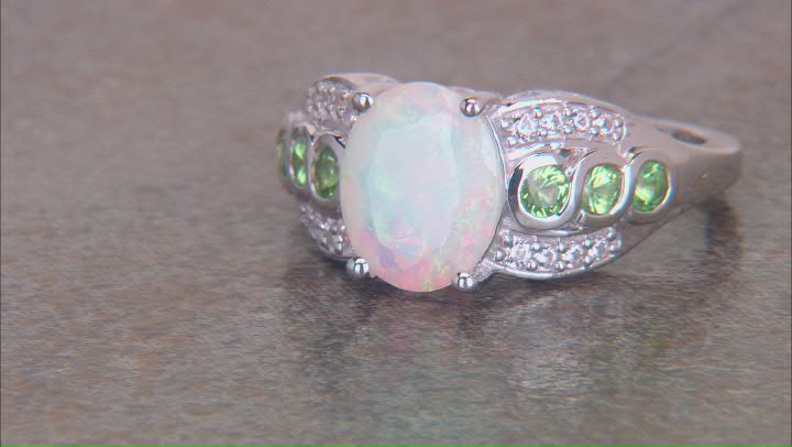 Ethiopian Opal With Tsavorite & White Zircon Rhodium Over Sterling Silver Ring 1.84ctw Video Thumbnail