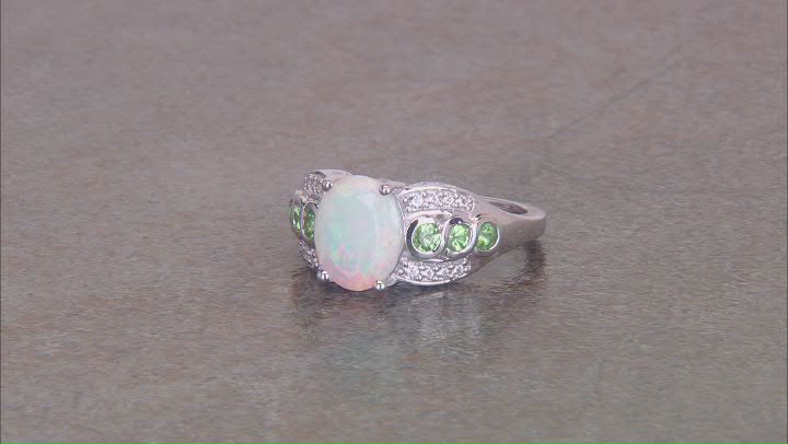 Ethiopian Opal With Tsavorite & White Zircon Rhodium Over Sterling Silver Ring 1.84ctw Video Thumbnail