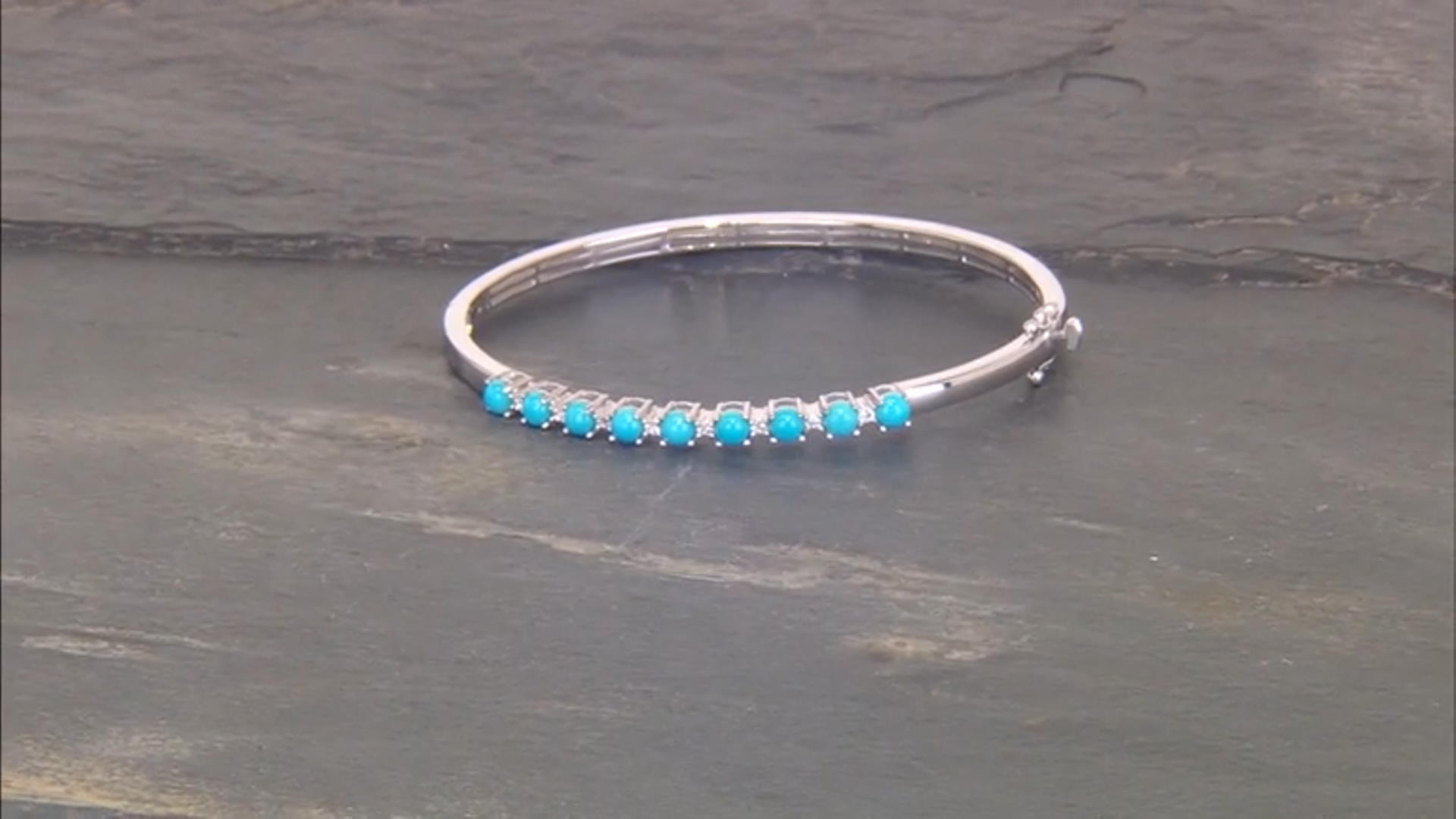 Sleeping Beauty Turquoise With White Zircon Platinum Over Sterling Silver Bangle Bracelet 0.14ctw Video Thumbnail