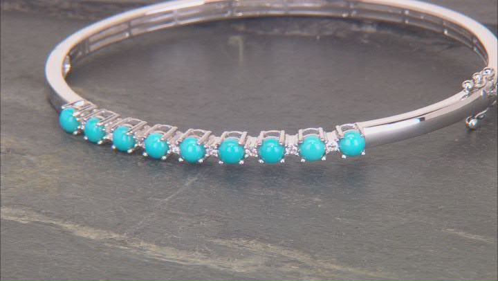 Sleeping Beauty Turquoise With White Zircon Platinum Over Sterling Silver Bangle Bracelet 0.14ctw Video Thumbnail