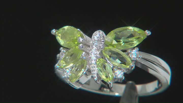 Green Peridot Rhodium Over Sterling Silver Butterfly Ring 1.73ctw Video Thumbnail