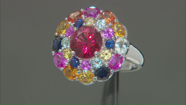 Multi-Color Lab Created Sapphire Rhodium Over Sterling Silver Flower Ring 4.65ctw