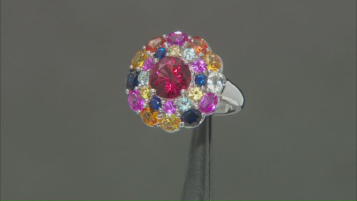Multi-Color Lab Created Sapphire Rhodium Over Sterling Silver Flower Ring 4.65ctw Video Thumbnail
