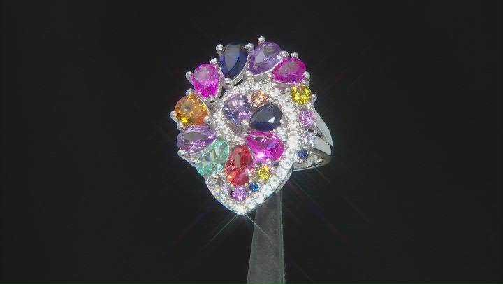 Multi-Color Lab Created Sapphire Rhodium Over Sterling Silver Ring 5.78ctw Video Thumbnail