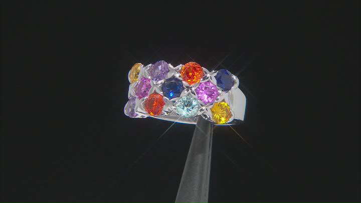 Multi Color Round Lab Created Sapphire Rhodium Over Sterling Silver Ring. 3.00ctw. Video Thumbnail