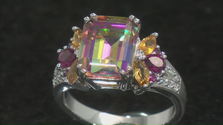 Multi Color Northern Lights™ Quartz Rhodium Over Silver Ring 4.68ctw Video Thumbnail
